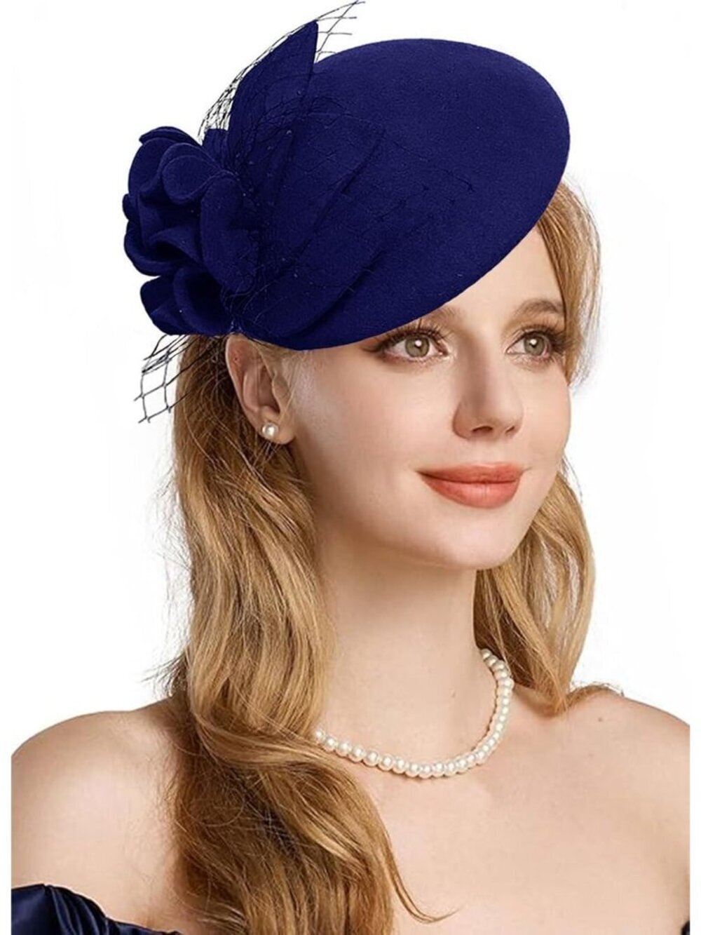 Women's Vintage 100% Wool Felt Cloche Bucket Bowler Hat Winter Vintage Bow Navy